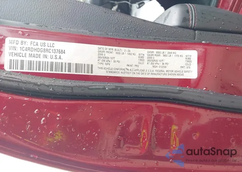 2024 Dodge Durango Gt Rwd из США, поврежденный, VIN 1C4RDHDG8RC137684